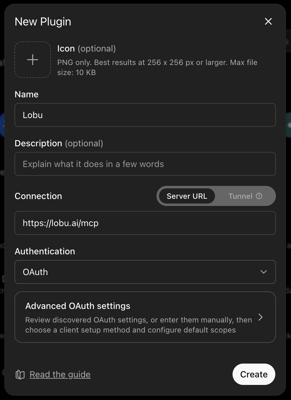 From Settings → Connectors, choose Create connector and add Lobu as a custom MCP app.
