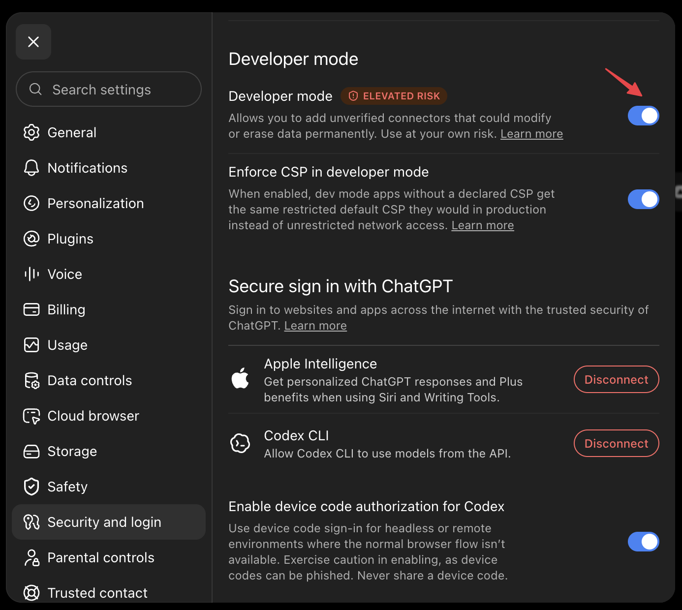 Developer mode is under Settings → Security → Developer mode. Workspace admins can also toggle it from the workspace settings.